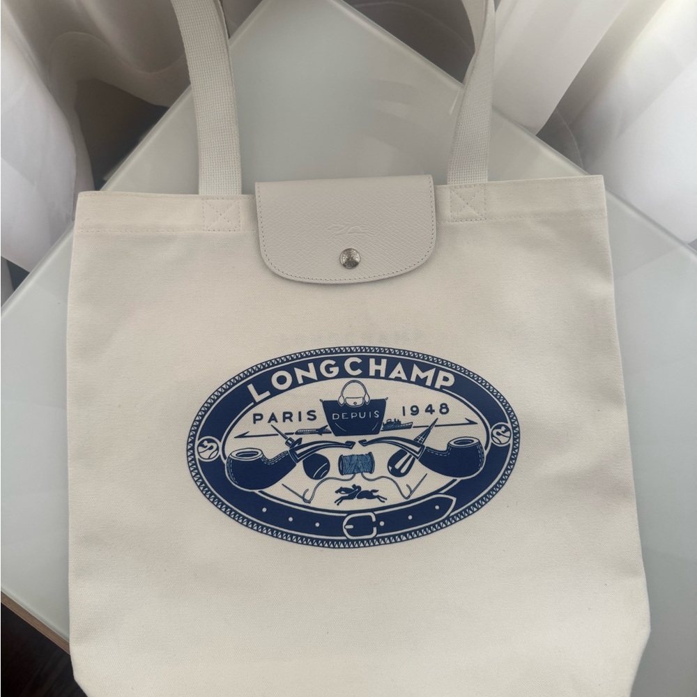 Longchamp White Canvas Tote with Navy Logo